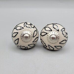 Black White Flower and Leaf Ceramic Drawer Knobs Silver Tone Hardware Set of 2